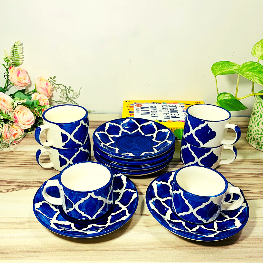 Homefrills Premium Studio Pottery Mughal Art Design Ceramic Cups Set of 6, Coffee Cups Set & Tea Cups with Saucer Chai Cup and Saucer Set (Microwave & Dishwasher Safe) Colour-Blue